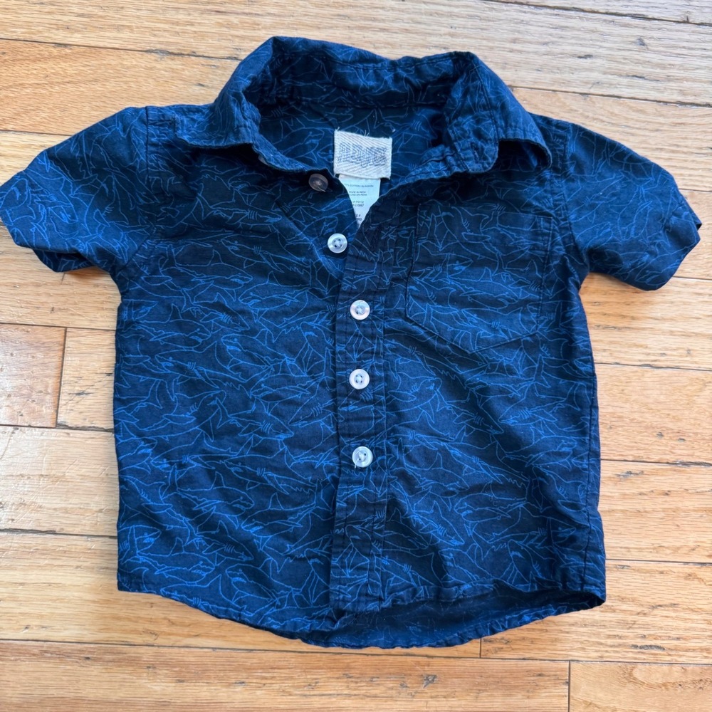 Alex & Jack Boutique Shark Print Button Down Shirt Navy Blue 12‎ month